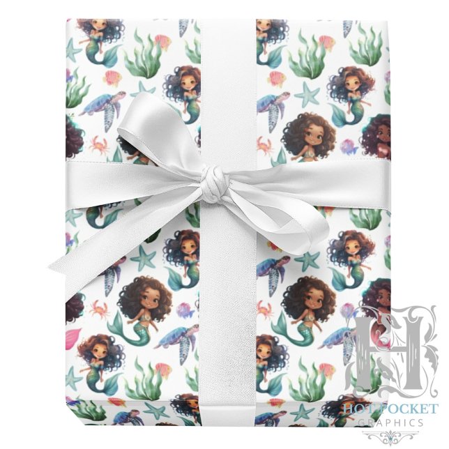 Black Girl Mermaid Birthday Gift Wrap in White (Creator Uploaded)