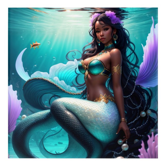 Black Girl Mermaid Princess Teal Purple Underwater Acrylic Print (Front)