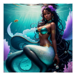 Black Girl Mermaid Princess Teal Purple Underwater Poster