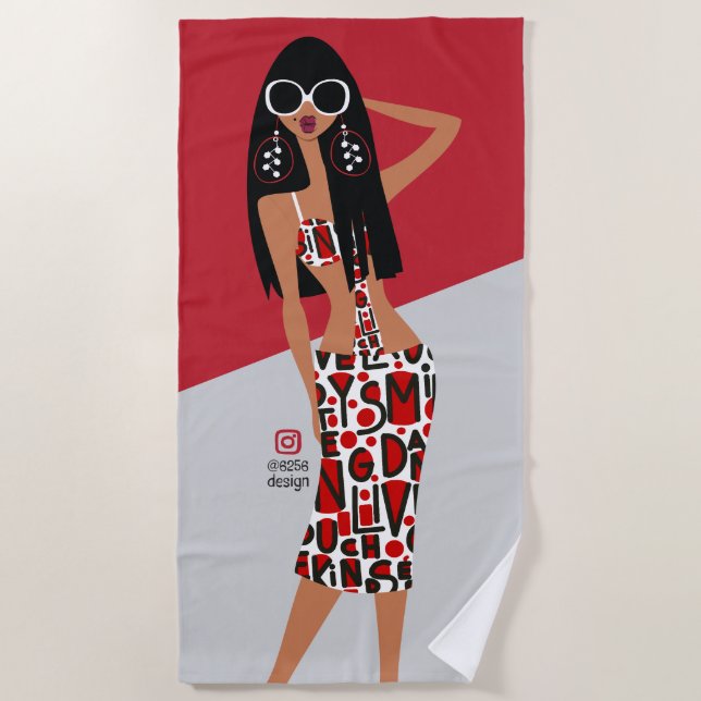 Black Girl on Red, White, Grey and Black Beach Towel (Front)