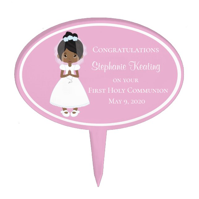 Black Girl Personalized First Holy Communion Cake Topper (Front)