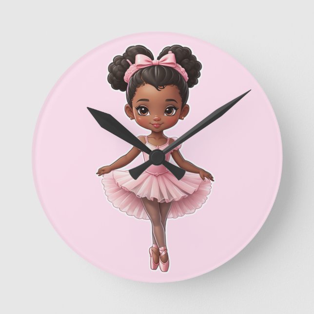Black Girl Pink Ballerina Ballet Round Clock (Front)