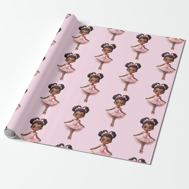 Black Girl Pink Ballerina Ballet Wrapping Paper (Unrolled)