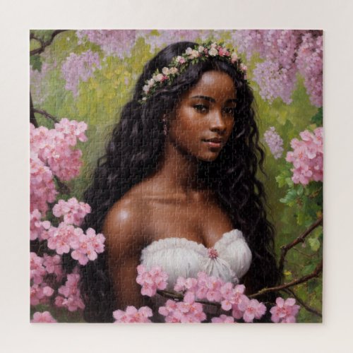 Black Girl Pink Flowers Bloomcore Aesthetic Jigsaw Puzzle