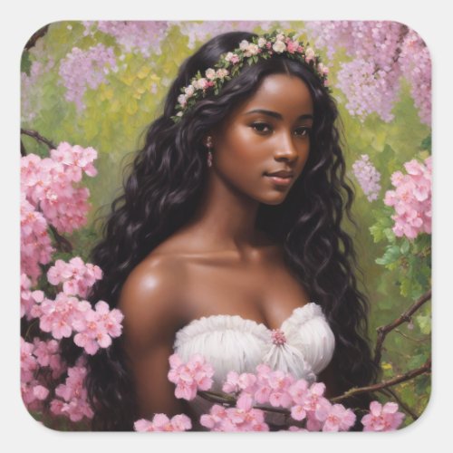 Black Girl Pink Flowers Bloomcore Aesthetic Square Sticker