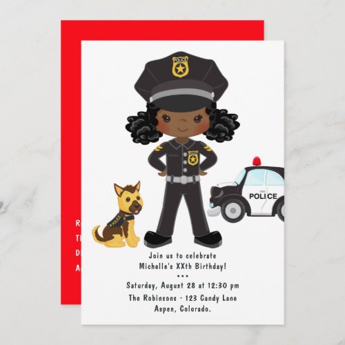 Black Girl Police Officer Party Birthday Invitation