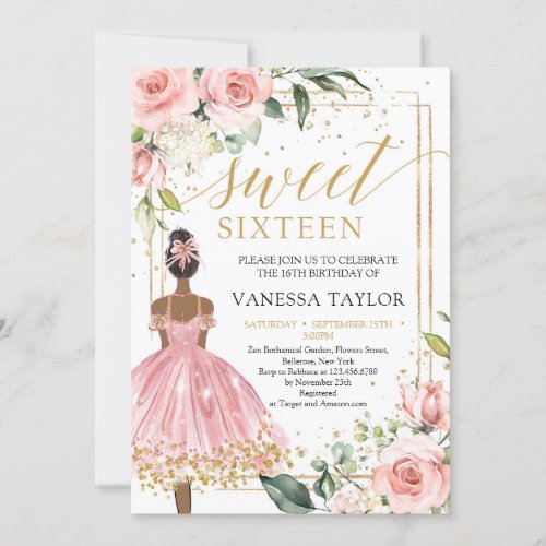 Black Girl Princess pink dress blush floral gold Invitation