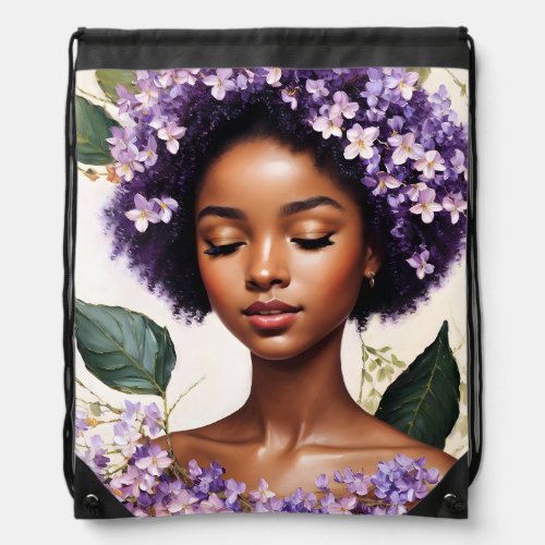 Black Girl Purple Flowers Botanical Portrait Drawstring Bag