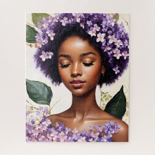 Black Girl Purple Flowers Botanical Portrait Jigsaw Puzzle