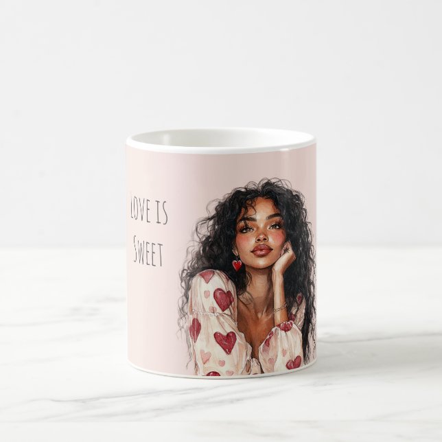 Black Girl Red Hearts Valentine's Day Love Coffee Mug (Center)