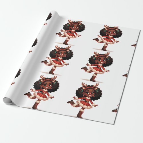 Black girl reindeer wrapping paper 