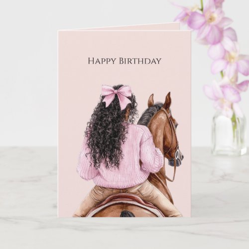 Black Girl Riding Horse Pink Bow Birthday Card
