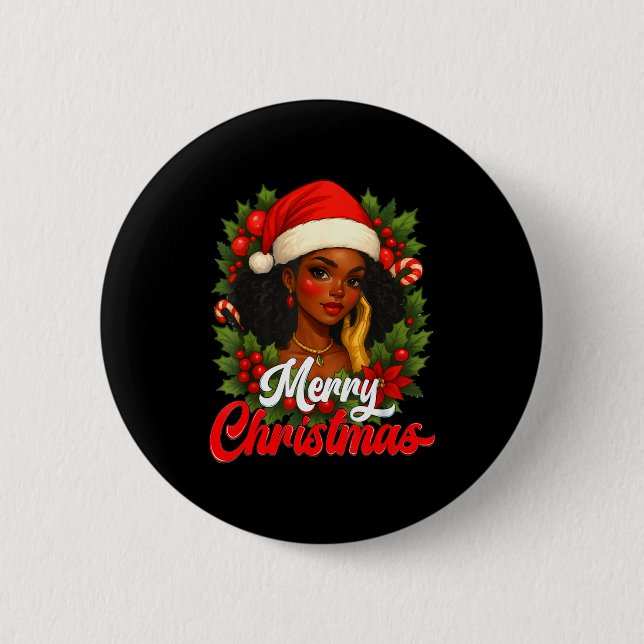 Black Girl Santa Hat Merry Christmas Pajama Africa Button (Front)