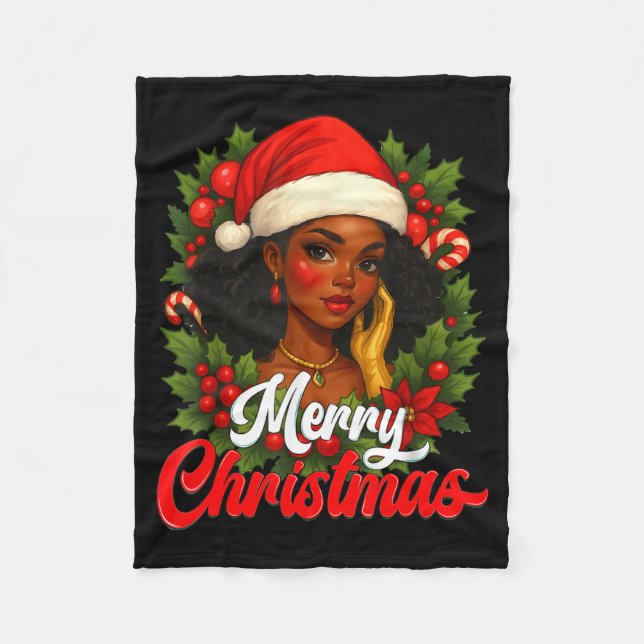 Black Girl Santa Hat Merry Christmas Pajama Africa Fleece Blanket (Front)