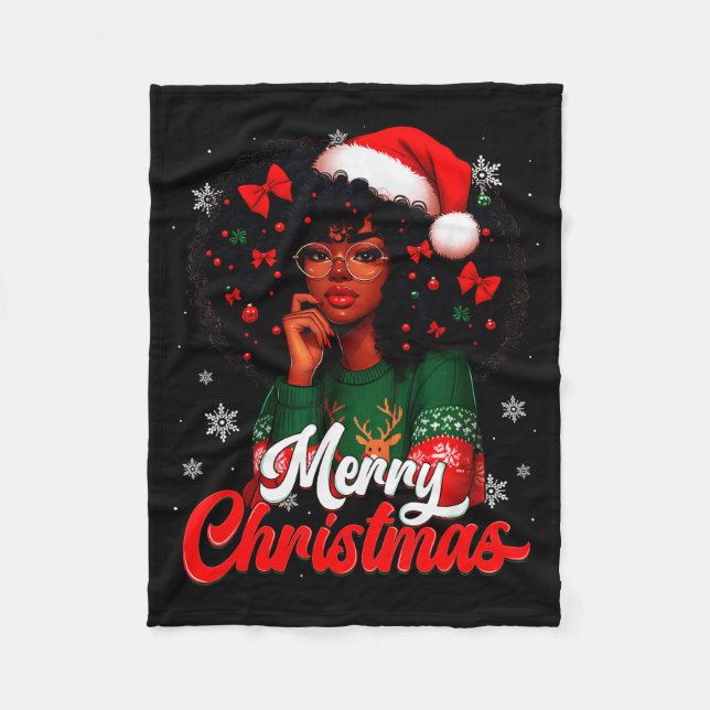 Black Girl Santa Hat Merry Christmas Pajama Africa Fleece Blanket (Front)