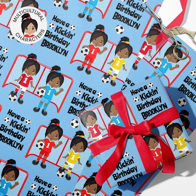 Black Girl Soccer Birthday Personalized Wrapping Paper (Creator Uploaded)