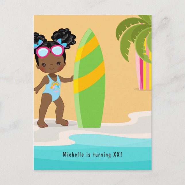Black Girl Summer Beach Birthday Party Invitation Postcard (Front)
