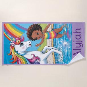 Black Girl Unicorn Swimming Beach Towel