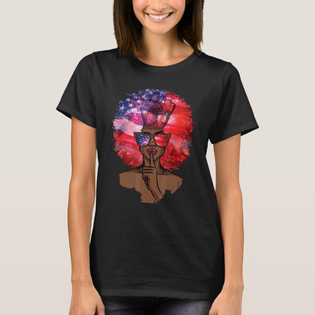 Black Girl Us Flag Melanin Afro Hair African Ameri T-Shirt (Front)