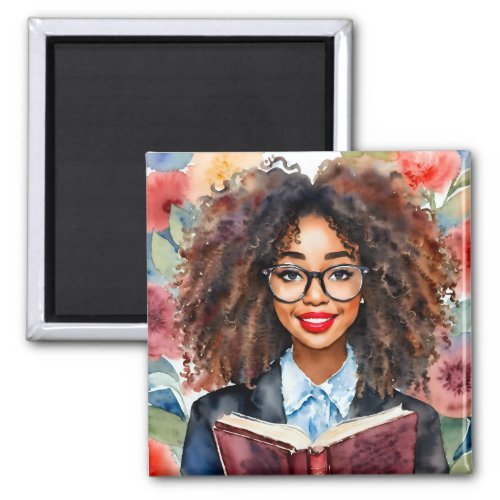 Black Girl Wearing Glasses With Book Magnet