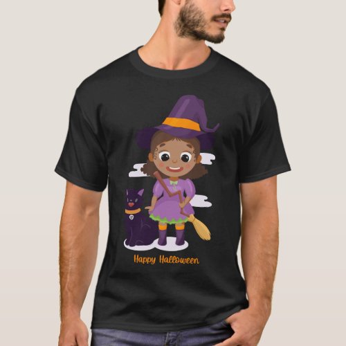 Black Girl Witch Cat Back Happy Halloween T_Shirt