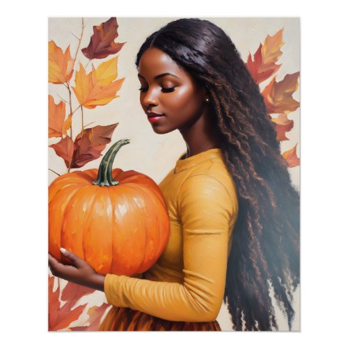 Black Girl With Pumpkin Fall Leaves Poster