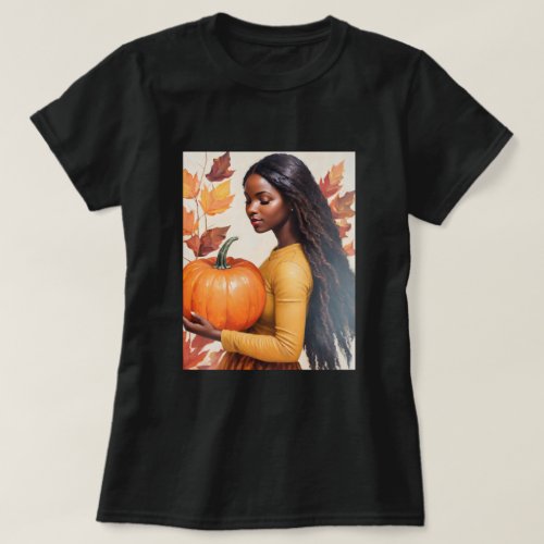 Black Girl With Pumpkin Fall Leaves T_Shirt