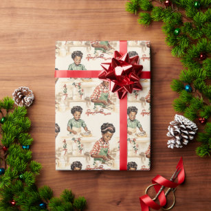 Black Girls Baking Christmas Cookies Vintage Wrapping Paper