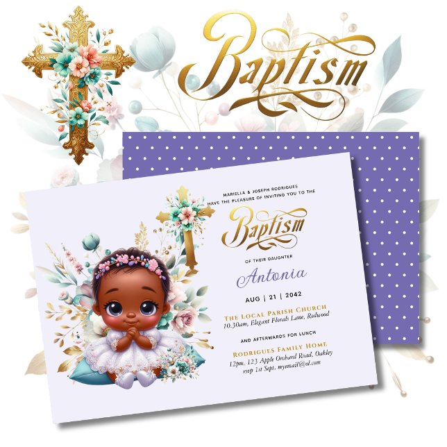 Black Girl's BAPTISM Purple Gold Floral Cross Invitation (Creator Uploaded)