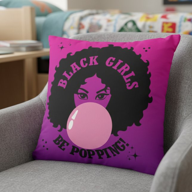 Black Girls Be Popping Afro Bubblegum Throw Pillow (A pop of color and confidence to level up your favorite spot.)