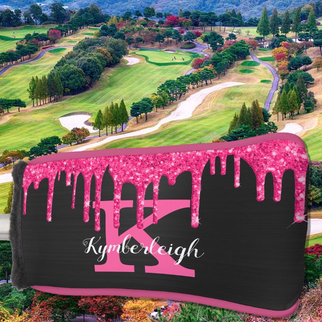 Black Girly Hot Pink Glitter Drips Monogram Name Golf Head Cover (Creator Uploaded)