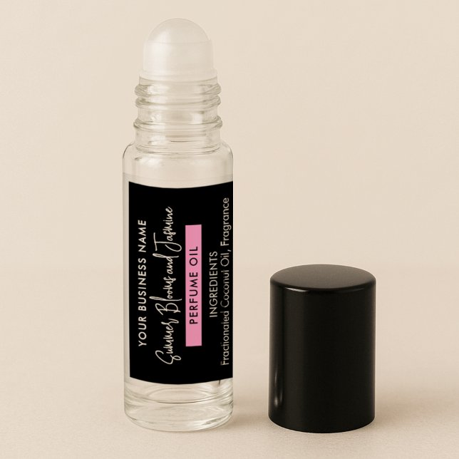 Black & Girly Perfume Essential Oil Roller Label (Trendy black and pink perfume oil roller bottle product label)