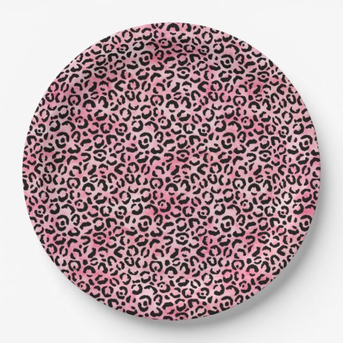 Black Girly Pink Watercolor Leopard Print Paper Plates