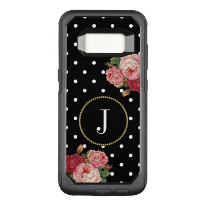 Black Girly Polka Dots Vintage Flowers Monogram OtterBox Commuter Samsung Galaxy S8 Case