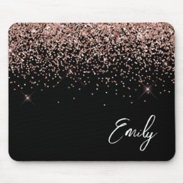 Black Girly Rose Gold Blush Pink Glitter Monogram Mouse Pad