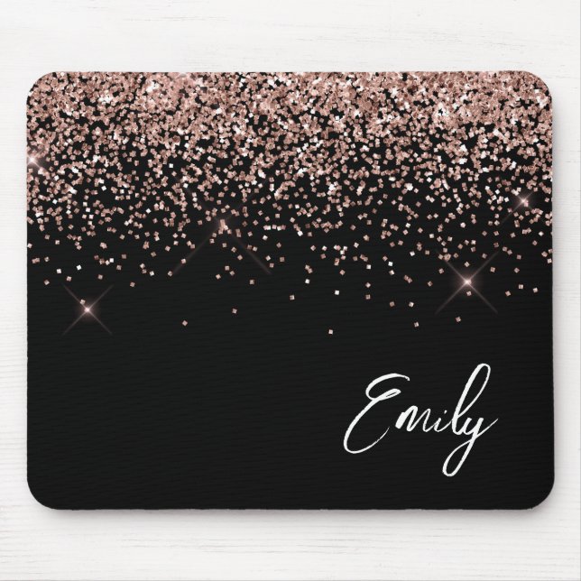 Black Girly Rose Gold Blush Pink Glitter Monogram Mouse Pad (Front)