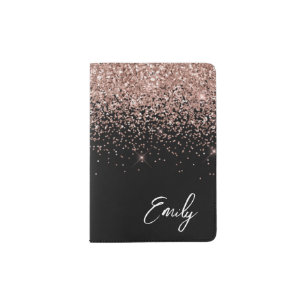 Black Girly Rose Gold Blush Pink Glitter Monogram Passport Holder