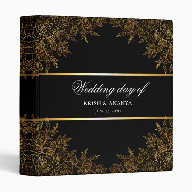 Black Glam and Gold Wedding Planner 3 Ring Binder (Front/Spine)