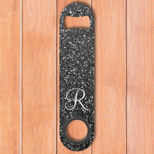 Black Glam Glitter Monogram Stylish Bar Key