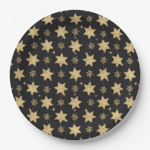Black Glam Glitter Stars Holiday Paper Plates