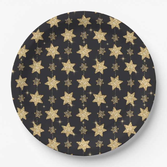 Black Glam Glitter Stars Holiday Paper Plates (Front)