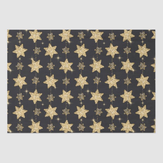 Black Glam Glitter Stars Pattern Tissue Paper (Front)
