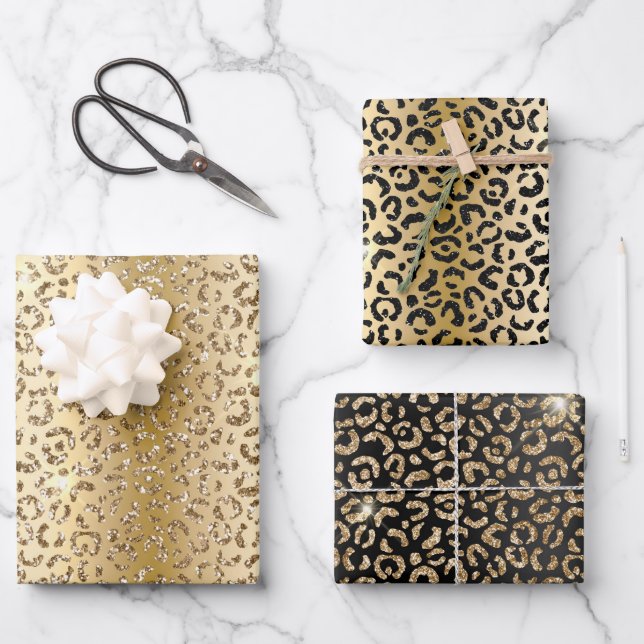 Black Glam Gold Glitter Leopard Wrapping Paper Sheets (Front)