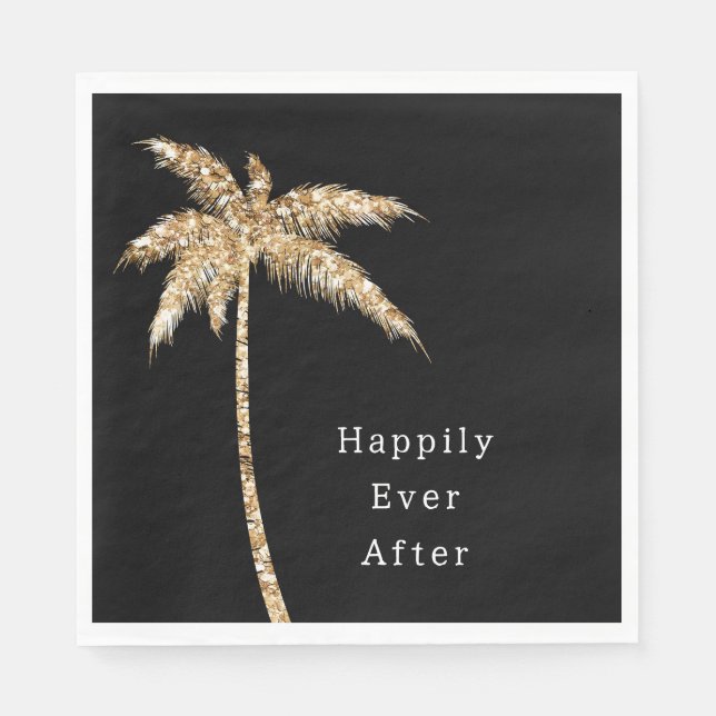 Black Glam Gold Glitter Palm Tree Napkins (Front)