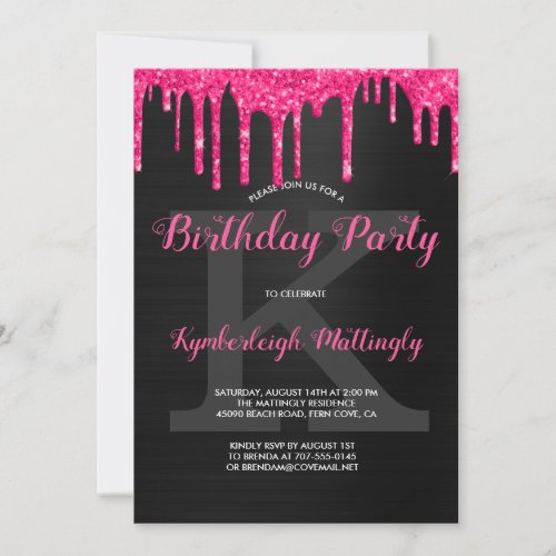 Black Glam Hot Pink Glitter Drips Birthday Party Invitation