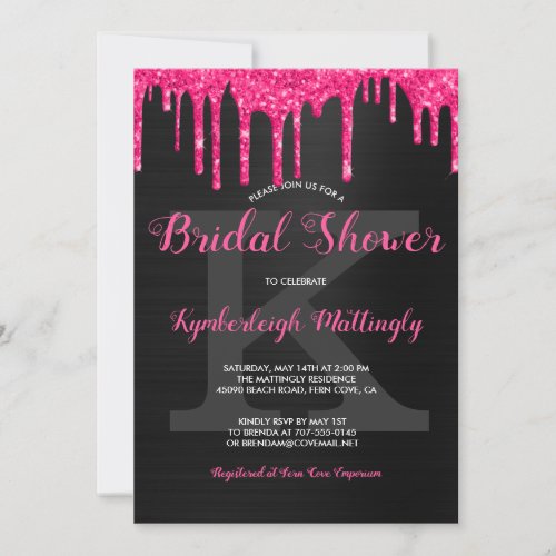 Black Glam Hot Pink Glitter Drips Bridal Shower Invitation