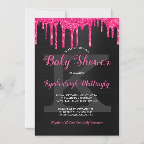 Black Glam Hot Pink Glitter Drips Fun Baby Shower  Invitation