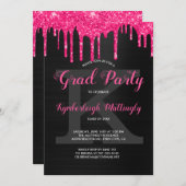 Black Glam Hot Pink Glitter Drips Graduation Party Invitation (Front/Back)