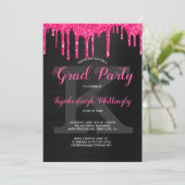 Black Glam Hot Pink Glitter Drips Graduation Party Invitation (Standing Front)