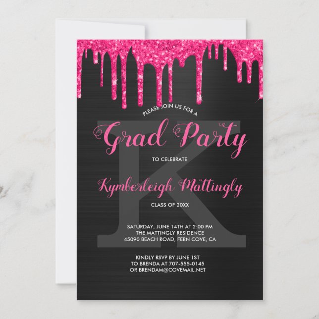 Black Glam Hot Pink Glitter Drips Graduation Party Invitation (Front)